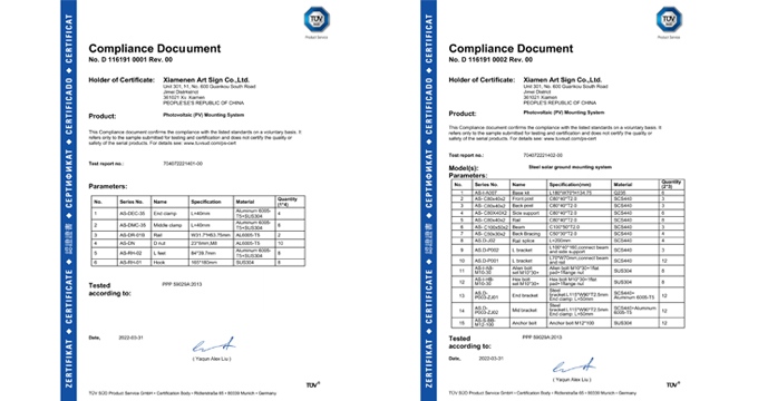 O sistema de montagem solar ART SIGN foi verificado com certificação TUV.
